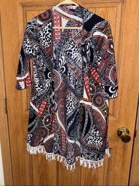 SHEIN Multicolor Fringe-Hem Printed Swim Coverup - Navy, Coral, Teal, White